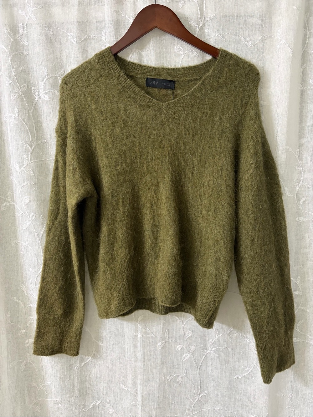Zara Olive V-Neck Fuzzy Knit Sweater